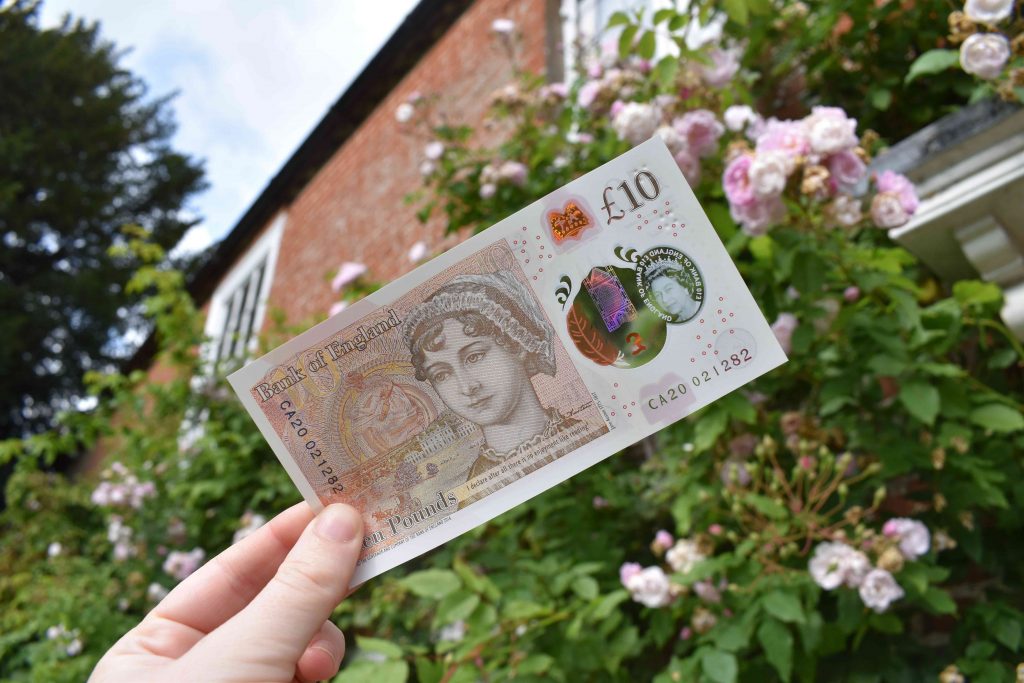 10-pund-seddel med Jane Austens portrett.
