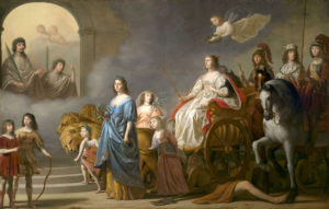 Gerrit van Honthorst maleri Triumf of the Winter. Vinterdronningen Elizabeth av Bøhmen, omgitt av sin avdøde ektemann, Friedrich og deres tretten barn, blant dem, Sophia av Hanover som er i ferd med å krone sin mor med en laurbærkrans.
